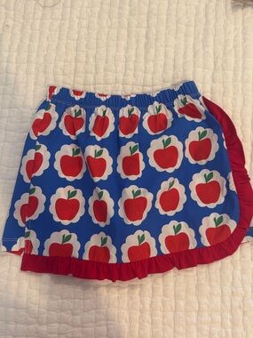 Girls Blue Apple Print Skirted Shorts with Red Ruffle